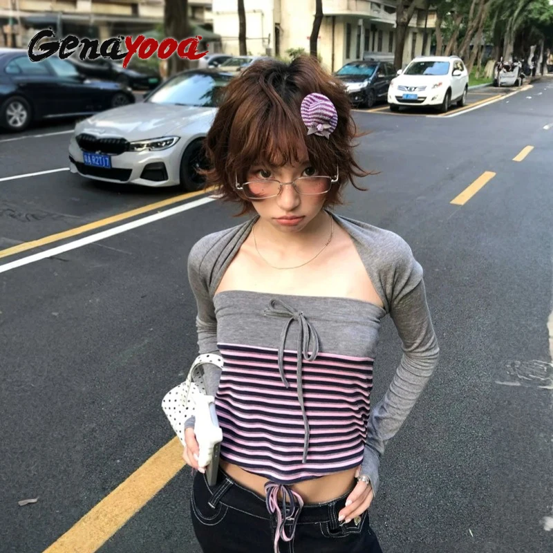 Genayooa Y2k Giapponese Due Pezzi Magliette e camicette Delle Donne Autunno A Righe Camis + Maglia Grembiule Streetwear Vintage Crop Magliette Fairycore Magliette