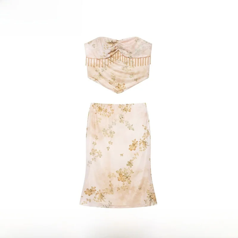 

Spring Summer New Arrival Women's ZR Style Beaded Fringe Printed Crop Top And Skirt Two-Piece Set Polyester Inner Zipper