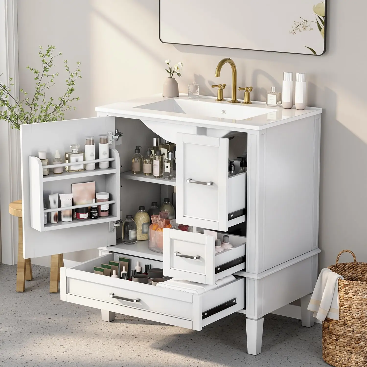 

Тумба для ванной 30 дюймов с керамической раковиной, 2-уровневой полкой и 3 ящиками, отдельно стоящий деревянный шкаф, белый, на заказ