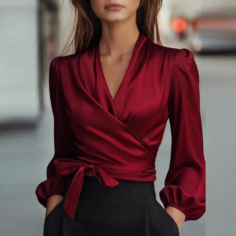 Seksowna bluzka z dekoltem w serek, marszczeniami, długim rękawem, satynowa, elegancka, do biura, damska koszula, moda damska, wiosna, jesień, bluzki sznurowane.
