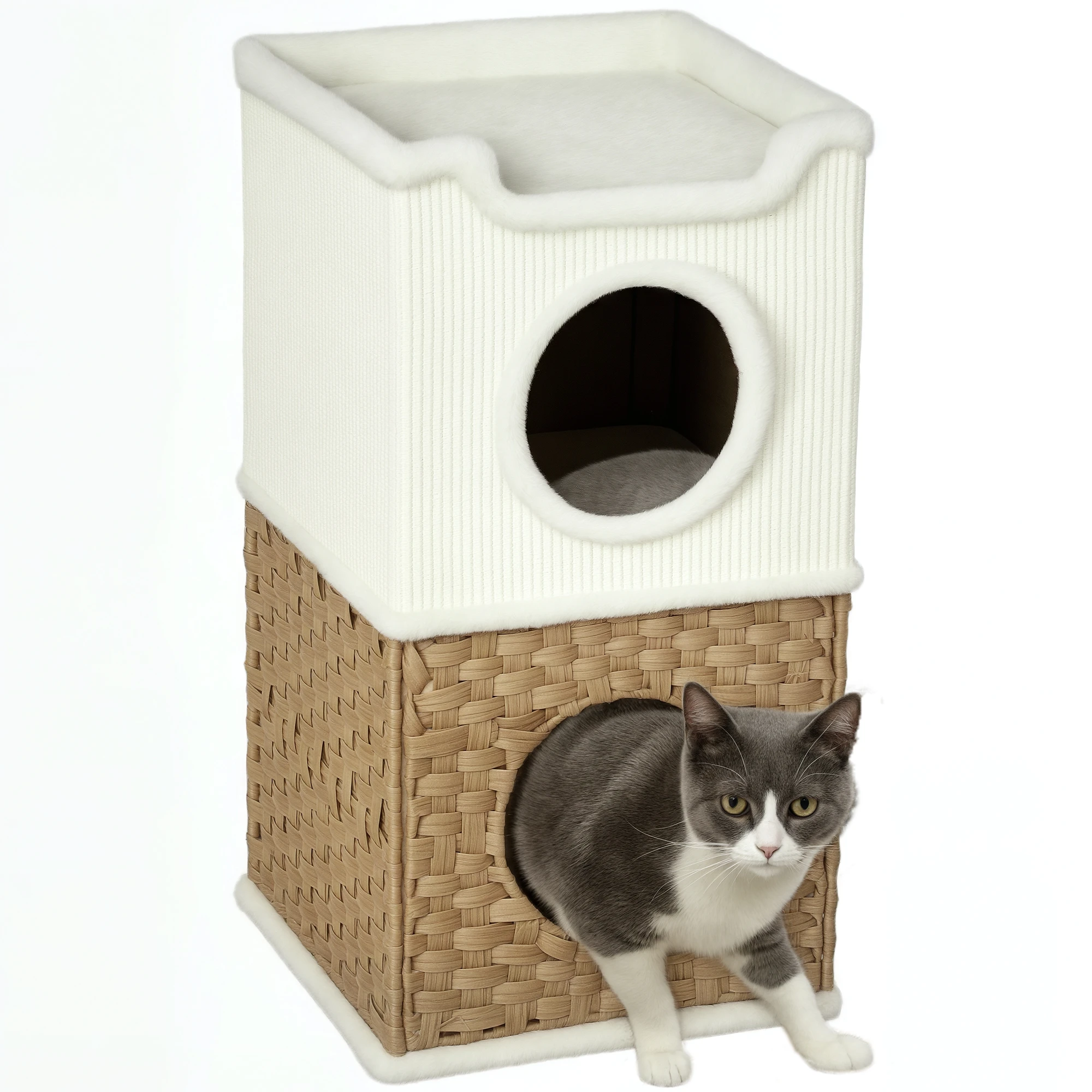 PawHut voor binnenkatten 3 LLier, kattenrit met open bak, sisal krabrand voor dieren onder de 6 kg, 41x41x75,5 cm, Crème