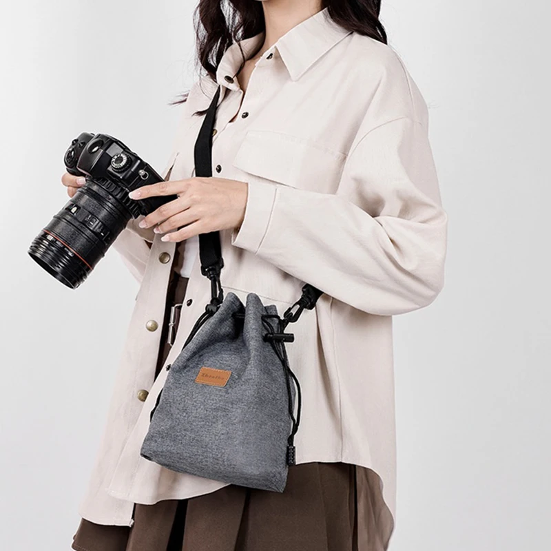 Camera Bag Travel Outdoor Single Shoulder Bag DSLR Storage Bag Drawstring Stitching Lens Pouch