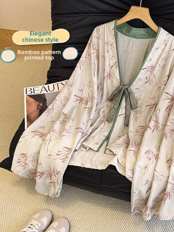 

Retro Zen Print irt Jaet Large Size Women's Casual Long Sve V-Ne Loose Fit Autumn Top Faion Commute Sle