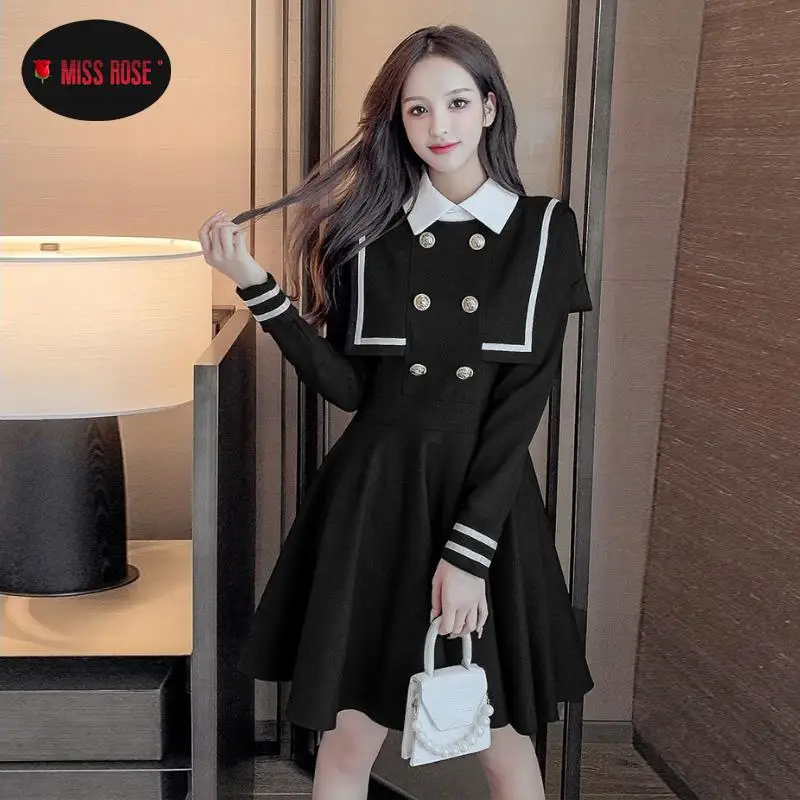 Women Lady Elegant JK Sailor Uniform Dress Party High Street Dating Romantic Vestidos Double Breasted Autumn Spring Preppy Dress