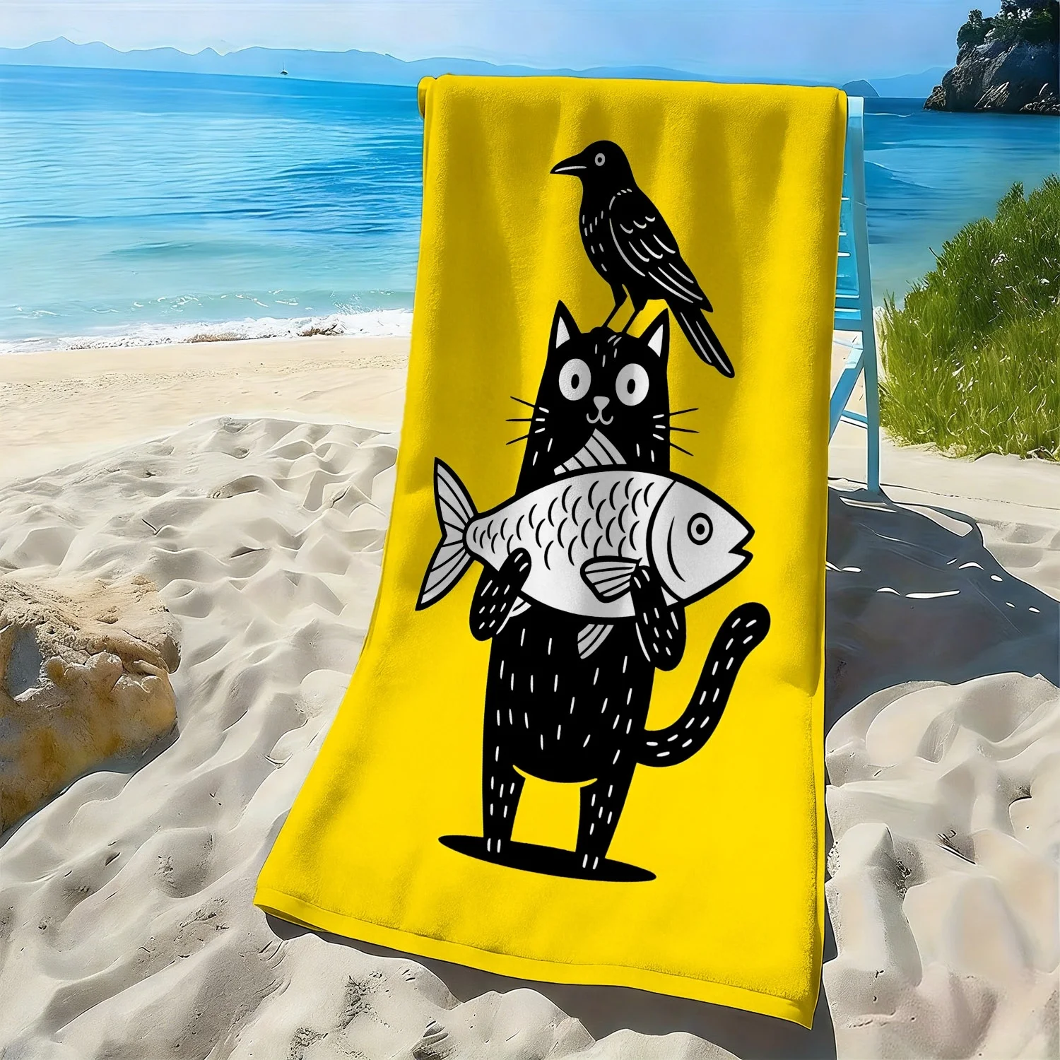 Cartoon cat and crow fish pattern polyester microfiber beach towel is highly absorbent, suitable for swimming and beach outings