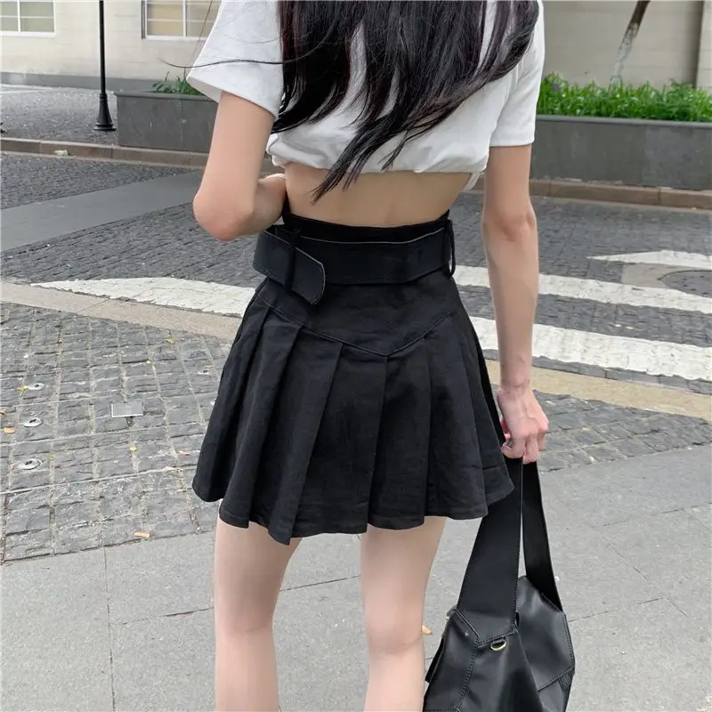 High Waist Pleated Mini Skirts Spring Summer A-Line Hotsweet Vintage Solid Color Basic Women\'s Clothing Stylish Sashes Skirts