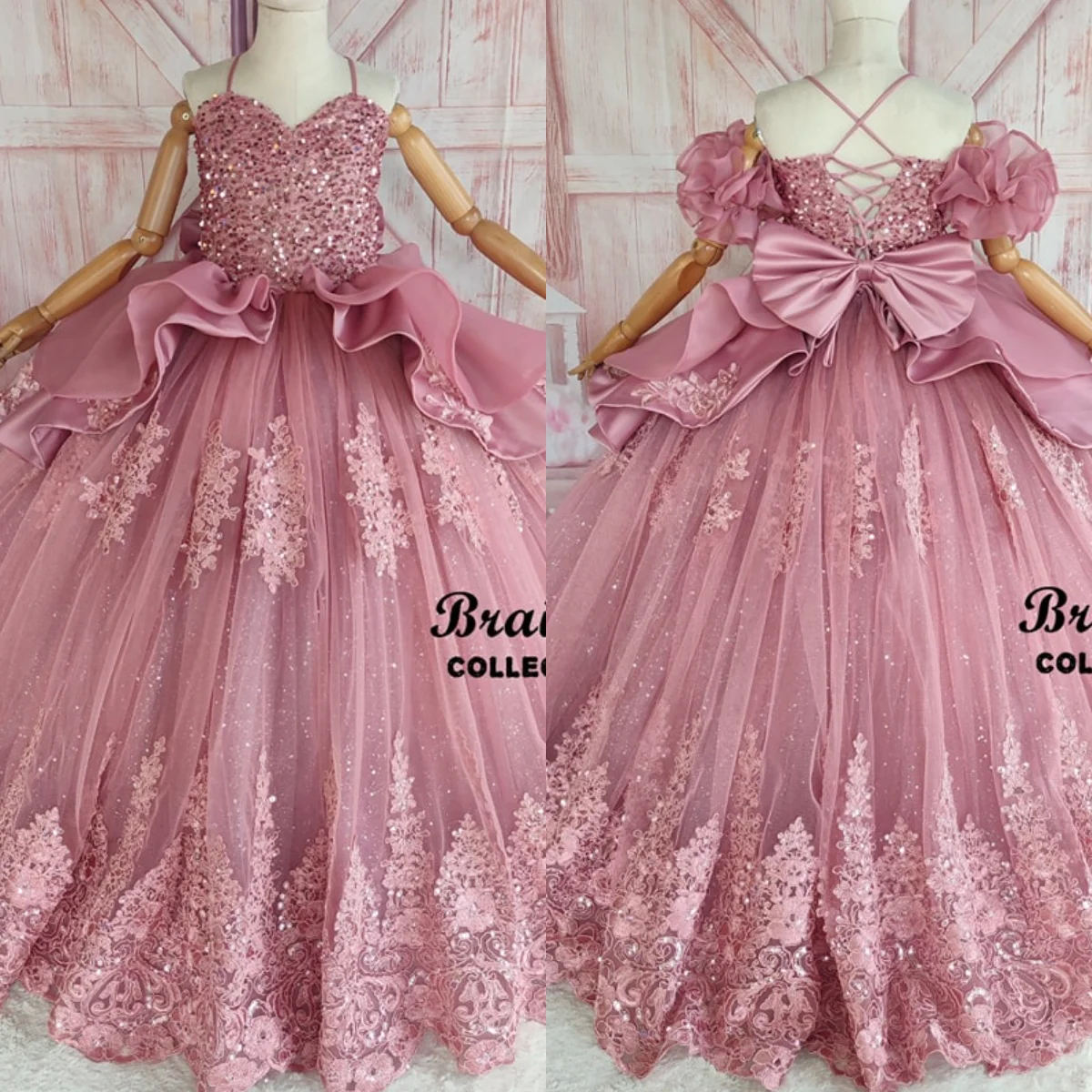 

Dusty Pink Girls Birthday Party Dresses Sequined Lace Princess Flower Girl Dresses Kids Prom Gowns Customized