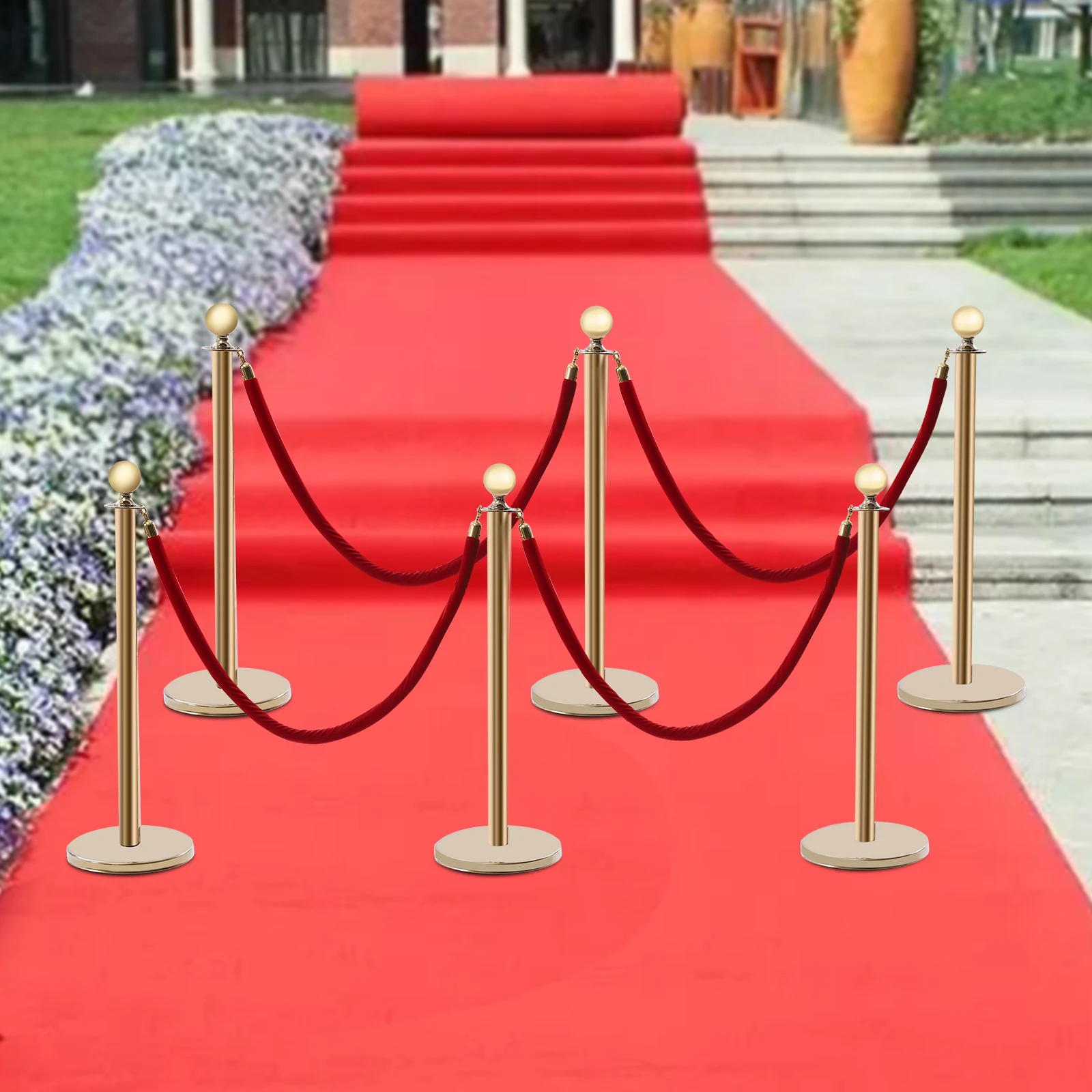 Crowd Control Stanchion with Crimson Velvet Ropes – Durable Stainless Steel Posts, 5ft Length Ropes, 4-Directional Connection,