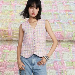 Pink/Green/Blue Ribbon Yarn-Dyed Braided Tweed Fabric For Women Autumn Jacket Dress Suit Coat Handbag DIY Cloth Sewing Material