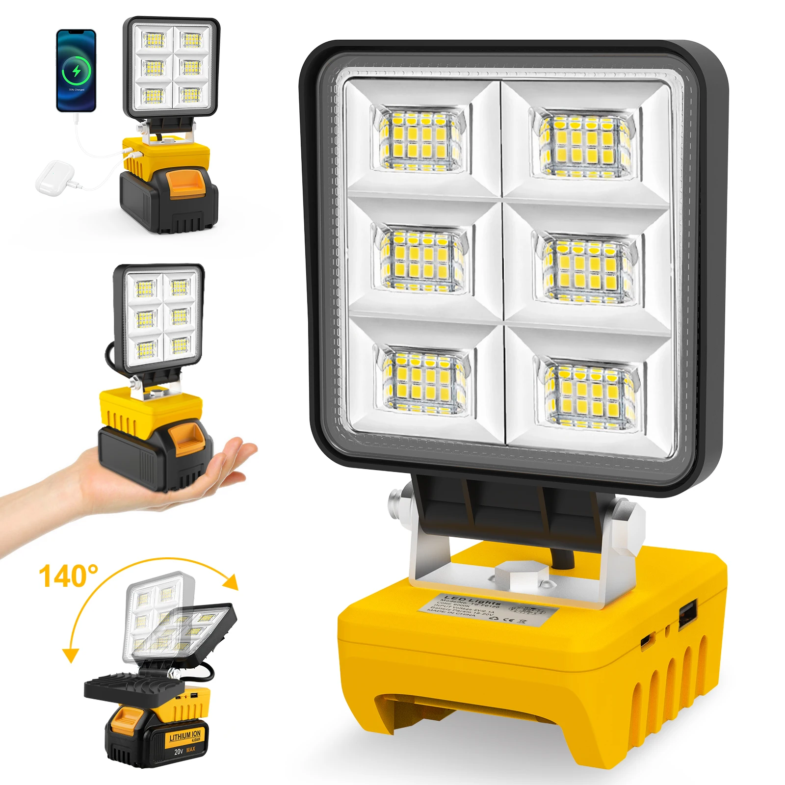 48W LED Work Light Portable 5200LM Rechargeable Camping Flood Light for DeWalt 18-20V Cordless Emergency Working Fishing Lamp