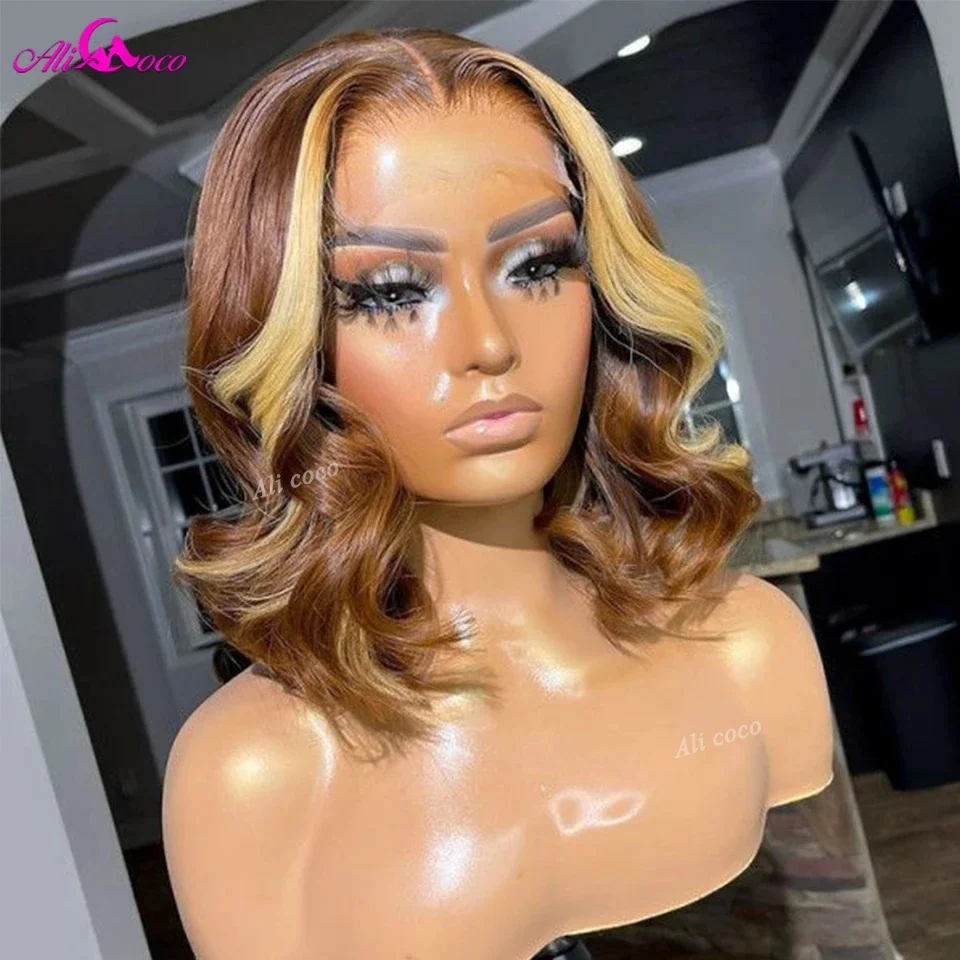 

Brown with Blonde Brazilian Remy 13x4 Short Bob Body Wave Lace Frontal Wig Preplucked 180 Density Short Bob Human Hair Wigs