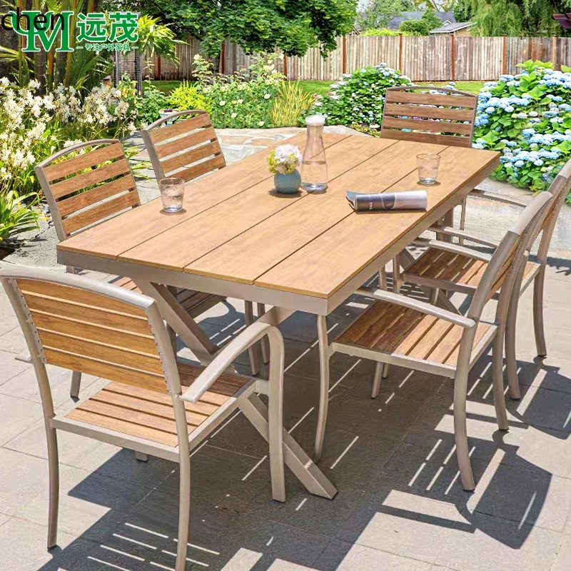 household outdoor table and chair combination outdoor open-air courtyard leisure teak color plastic wood table and chair