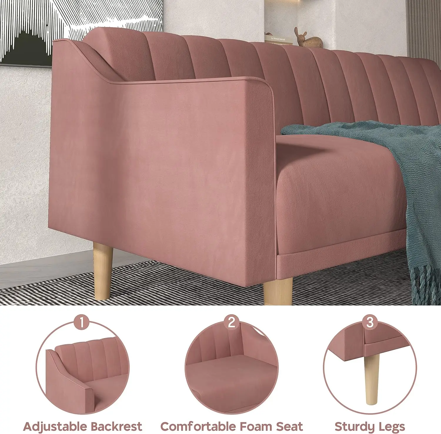 Sunrise Coast divano letto Futon in velluto, divanetto convertibile da 74 "" con schienale regolabile, divani per soggiorno