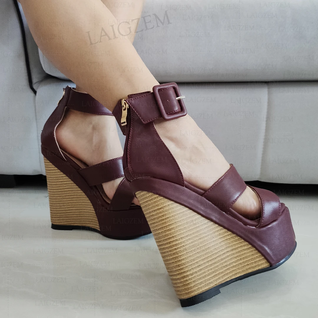 ZHIMA Women Pumps Platform Wedges Faux Leather Buckle Straps Sandals Open Ladies Female Party Shoes Woman Big Size 39 42 45 52