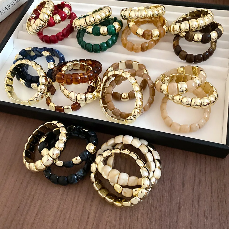 3 Pcs Square Splicing Acrylic Bangles Women Men Geometry Elastic Rope Beaded Bracelet Simple Charming Couple Jewelry Set Gift W