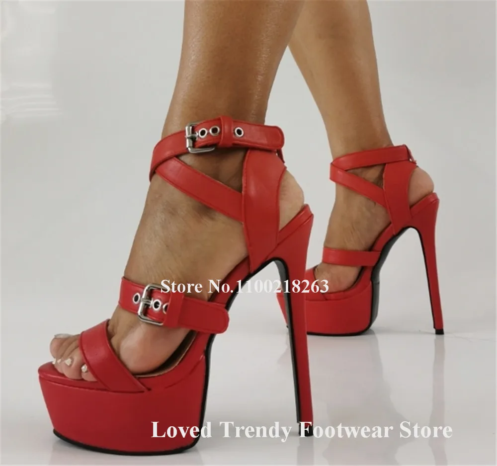 

Emeline Dubois Red Matte Leather Straps Buckles Cross Stiletto Heel Sandals Open Toe High Platform Thin Heel Party Shoes