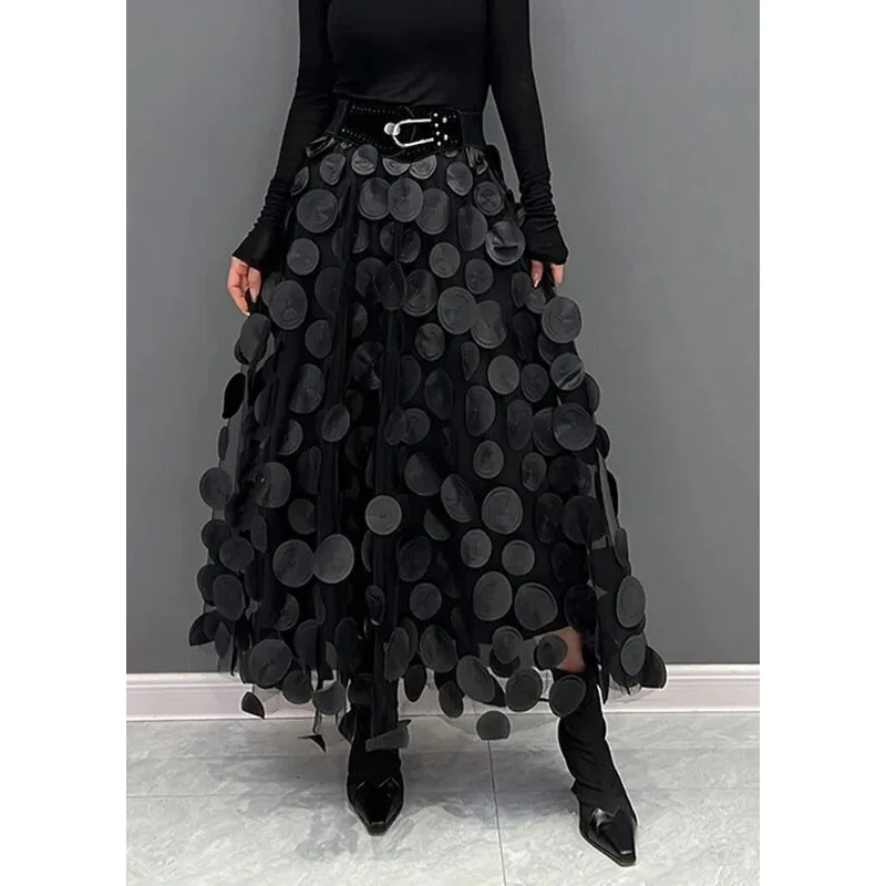 

Qooth Women Polka Dot 3D Design Tulle Mesh Skirt Vintage Elastic Waist Long A-line Tutu Skirt QT2176