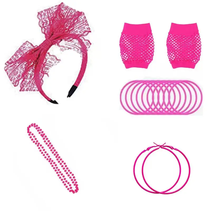 PESENAR อุปกรณ์เสริมเครื่องแต่งกายยุค 80 สำหรับผู้หญิง ที่คาดผมลูกไม้ ต่างหู ถุงมือตาข่าย สร้อยคอ กำไลข้อมือ สำหรับงานปาร์ตี้ย้อนยุคยุค 80