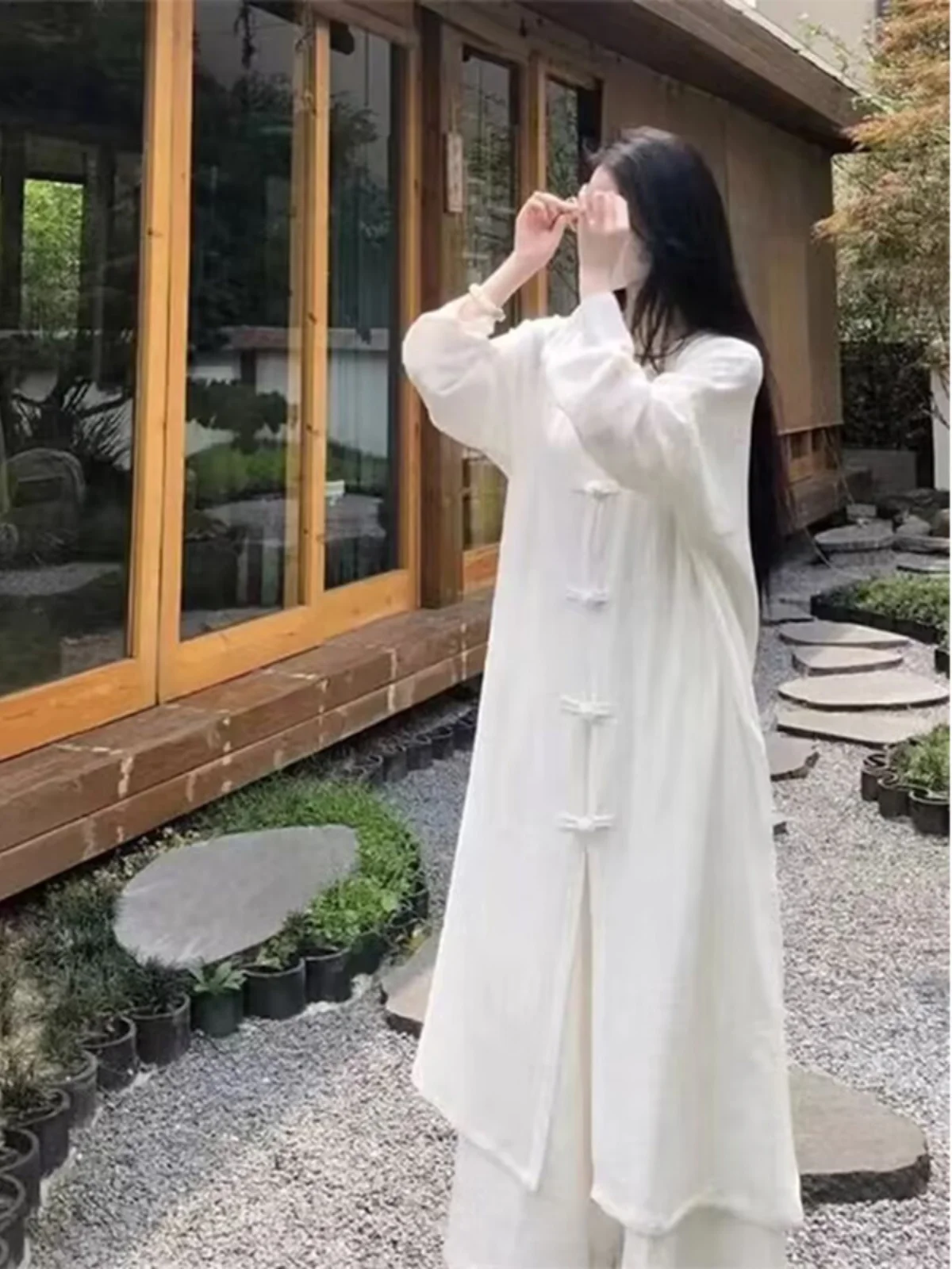 新中式スレクールセンセーション国民的トレンドセット女性用春秋禅コットンリネン茶服トップワイドレッグパンツツーピース...