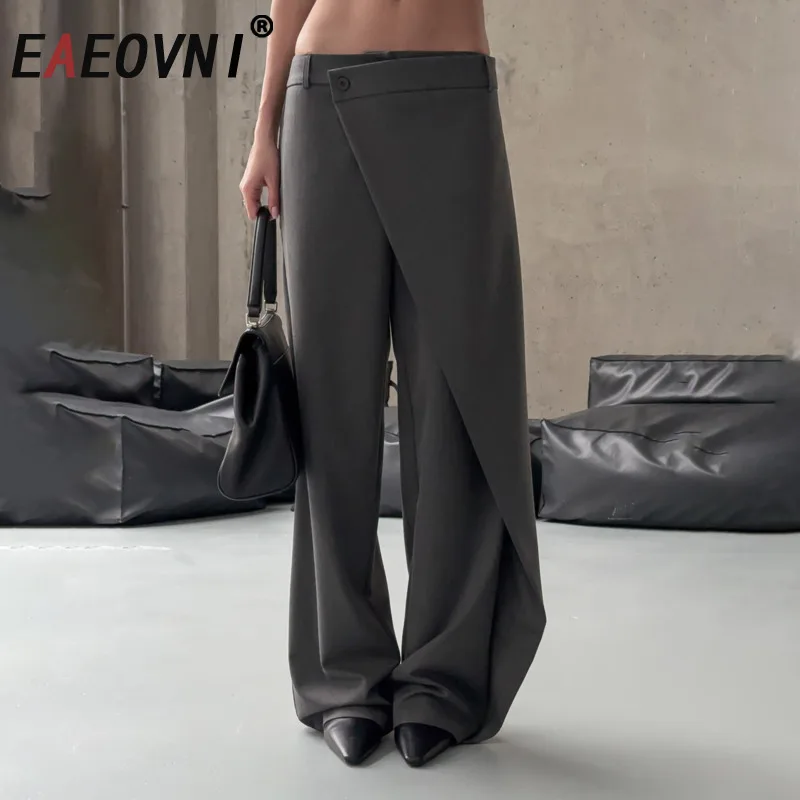 

EAEOVNI Fashion Patchwork Design Irregular Long Pants For Women Solid Color Loose Trousers Office Lady 2025 New Clothing 1A476