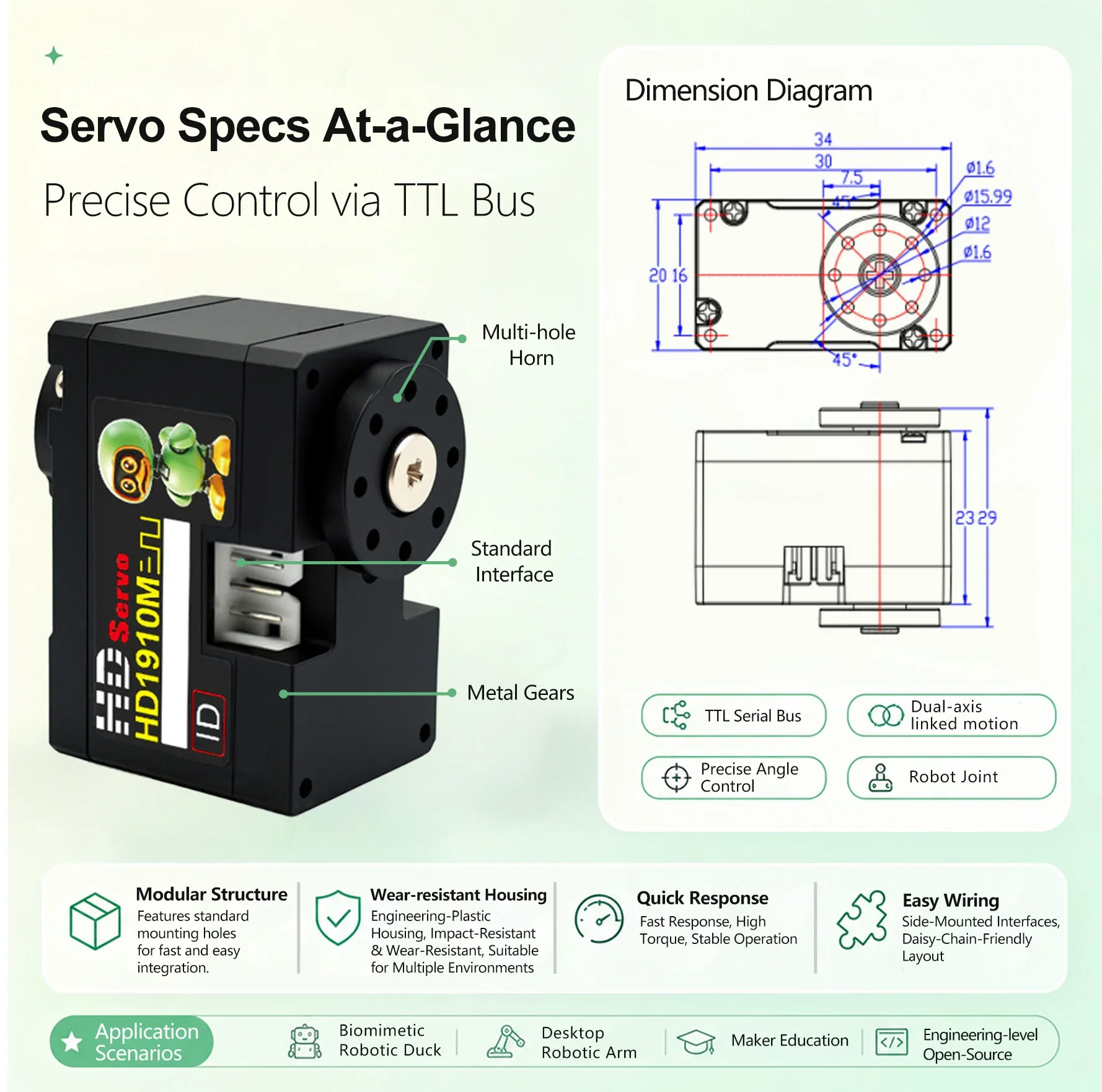 HD1910 TTL 12kg.cm 6V Coreless Metal Gear Double Axis Servo Sim2Real Pure PD Mode Replacement for Microduck Robot Joint Actuator