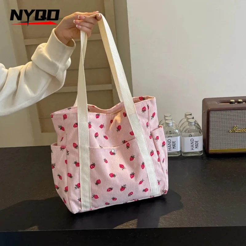 Fresh Sweet Corduroy Handbag Strawberries Beach Bag Versatile Shoulder Bag LargeCapacity Simple Commuter Women's Underarm Bag