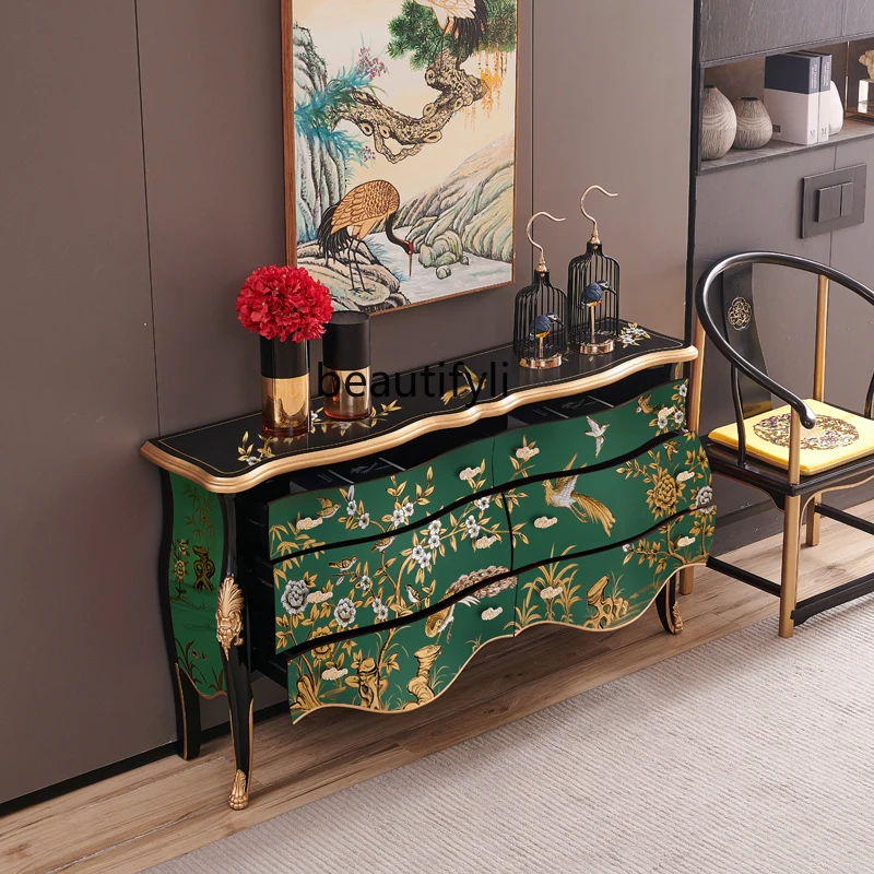 

French Retro Painted Chinese Style Solid Wood Villa Entrance Hall Decorative Entryway Cabinet