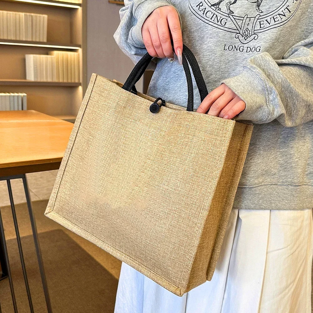 Flax Bag Fastener Handbag Organizer Storage Jute Tote Bags Imitation Cotton Women Valise Portable Garland Letter Printing Series