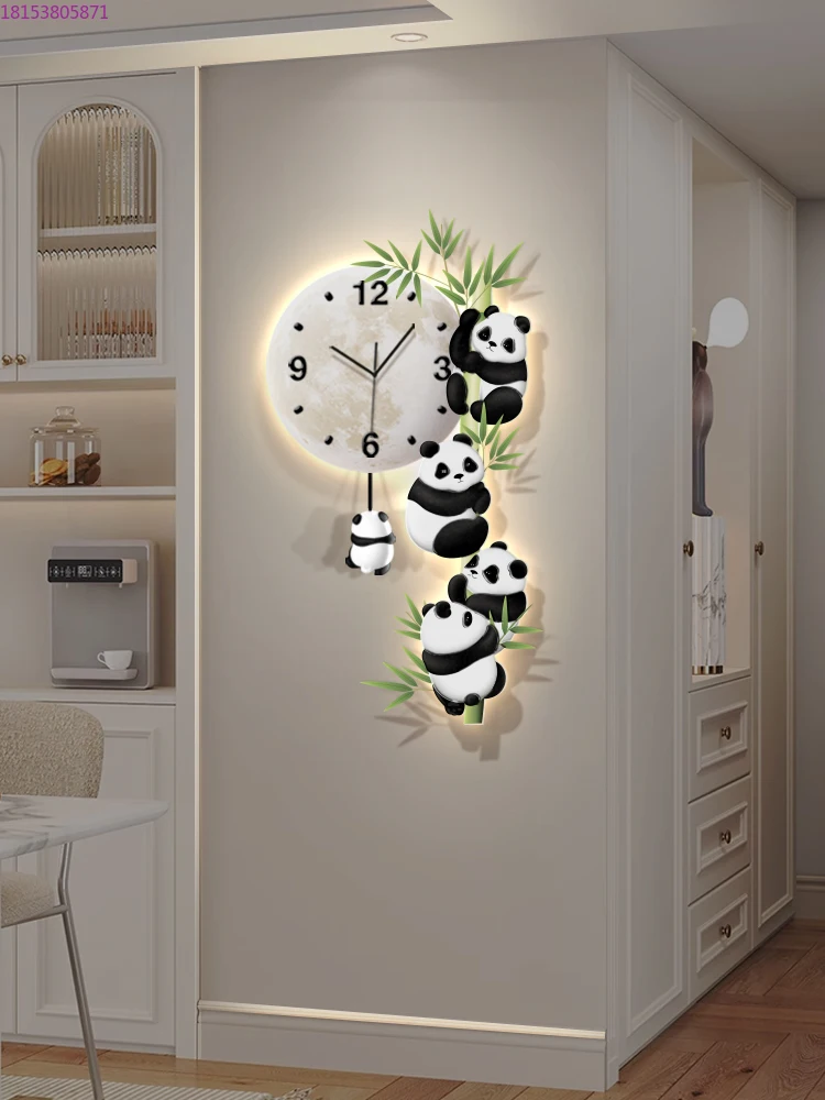 

Living room panda swinging wall clock decorative painting TV background wall creative