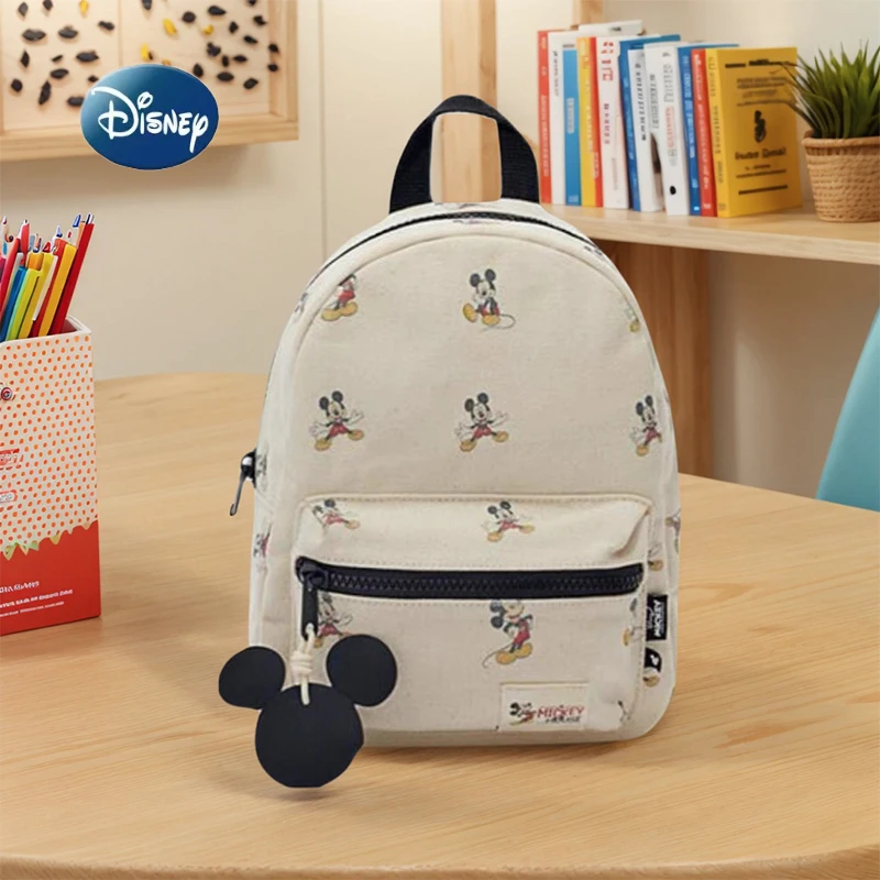 

New Disney Schoolbag Mickey Mouse Print Canvas Backpack Small Kindergarten Schoolbag For Kids With Pendant