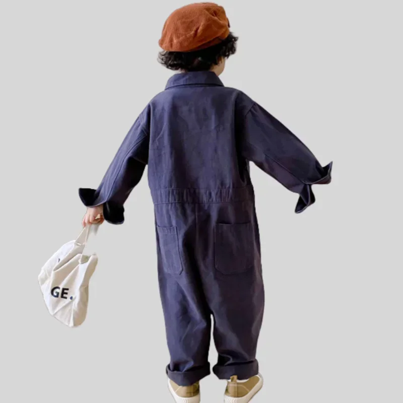 Autumn Boys' Cotton Casual Utility  Lapel Collar Multi-Pockets  Workwear Jumpsuit Long Children's Sleeves  Long Pants One-Piece