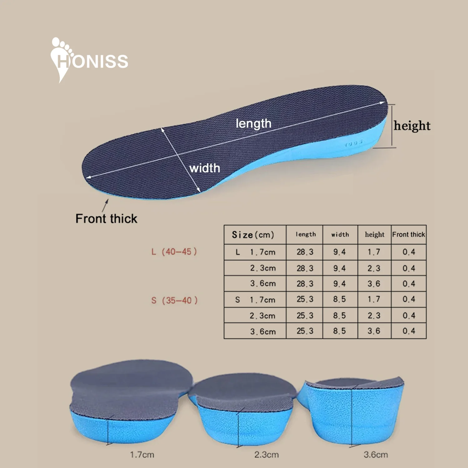 Plantillas invisibles para aumento de altura para hombre y mujer, almohadilla transpirable con absorción de impacto para el cuidado de los pies, color azul