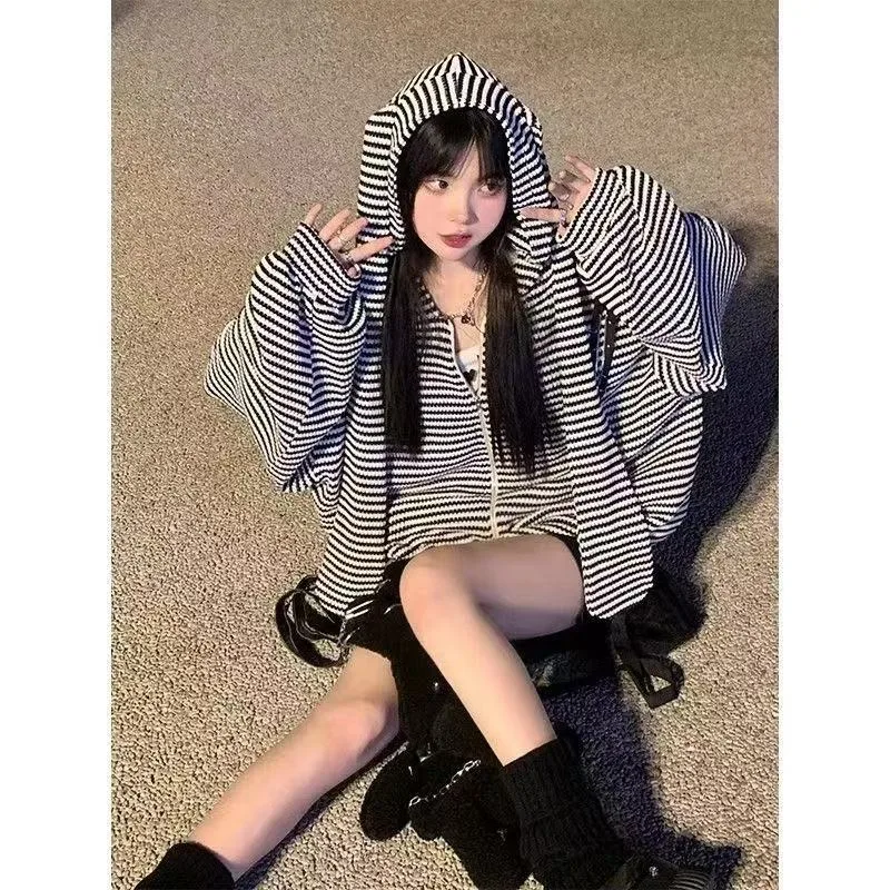 Goth menina moda solta zíper casaco superior feminino y2k harajuku retro coelho hoodie casual versátil personalidade bonito moletom