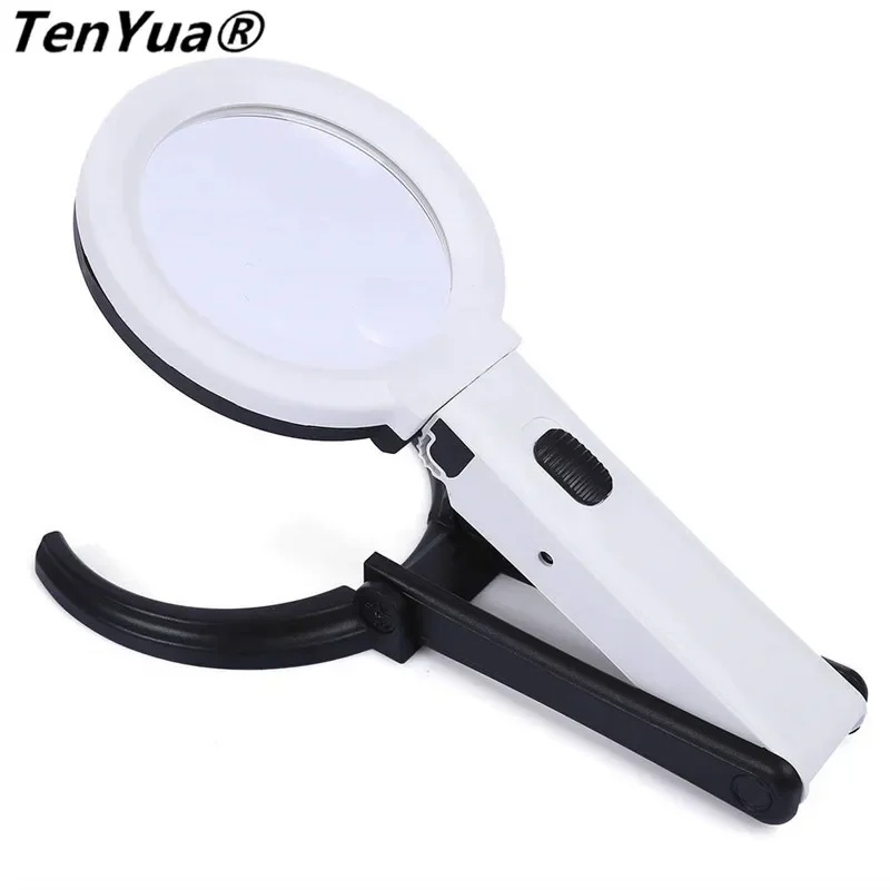 TenYua Portable 10 LED Light Magnifier Magnifying Glass with Light Lens Table Desk-type Lamp 2x 5x Handheld Foldable Loupe