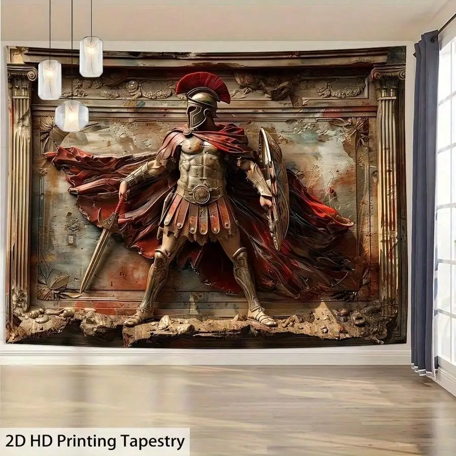 3D Spartan Warrior Tapestry - Greek Mythology Soldier Wall Art, Vintage Battle Decor, Home Gym Man Cave, Multiple Sizes