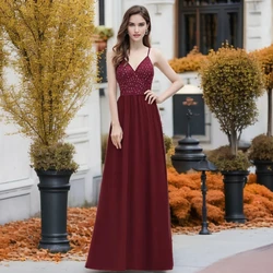 MisShow Burgundy Sequined Evening Dresses for Women Sexy V Neck Spaghetti Straps Wedding Party Evening Prom Fowns Robe De Soiree