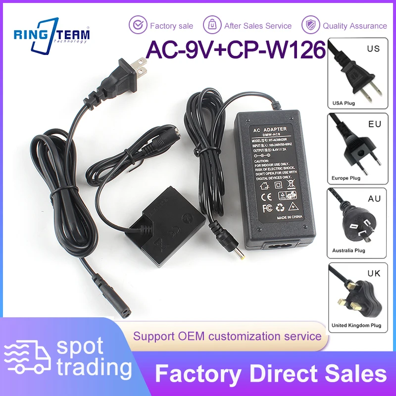 AC-9V Charger with CP-W126 NP-W126 Dummy Battery Kit, 9V Continuous Recording Power for Fujifilm X-T30 X100F X-E3 Cameras
