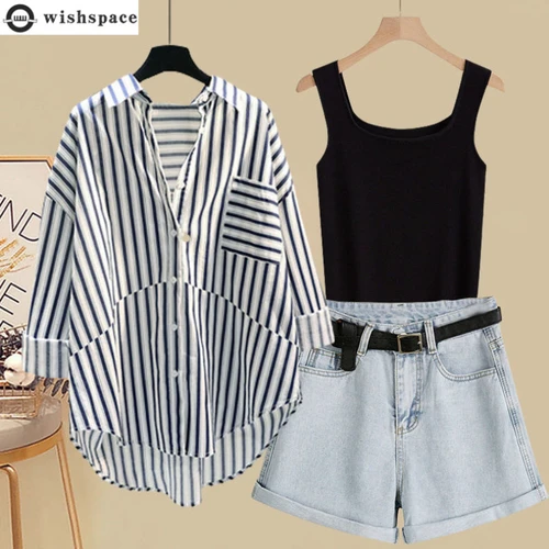 Imagen 1 del producto Traje de primavera y verano para mujer, nueva versión coreana, camisa con protección solar, chaleco, pantalones cortos vaqueros versátiles adelgazantes, conjunto de tres piezas 2023