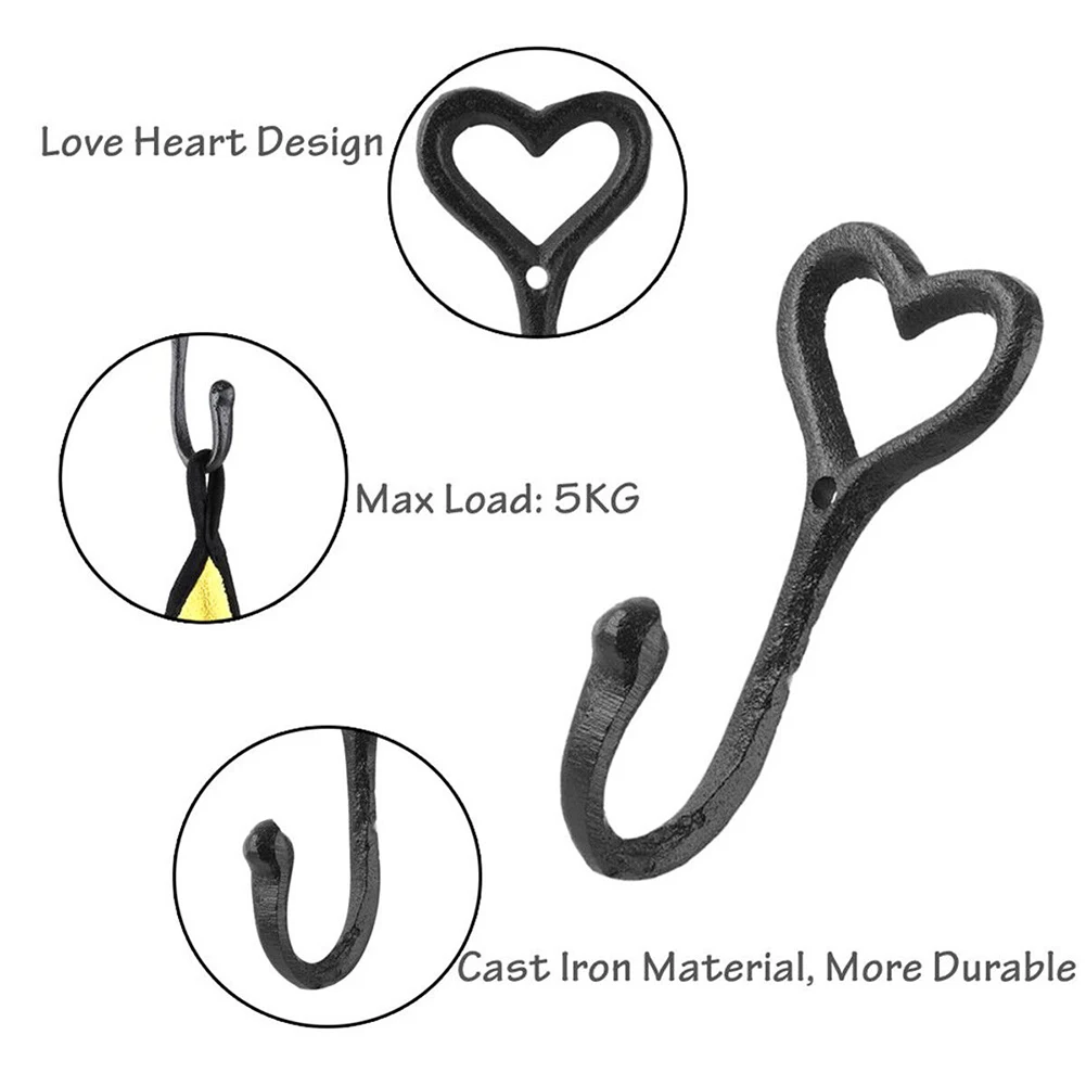 Heart Shape Hook Door Wall Mounted Vintage Bedroom Hat Holder Coat Storage Iron Decorative Black Home Hanger Kitchen Bathroom