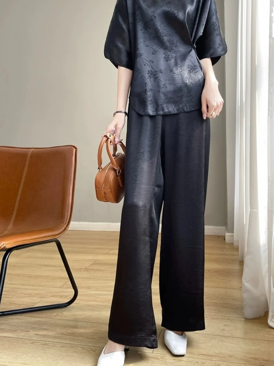  Pleated Three-acetate Heavyweight Satin Wide Leg Pants Drapey High Waist Floor-Length Elastic Waist Straight Long P...