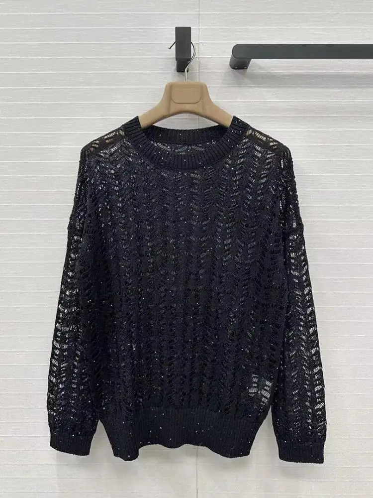 

Fashion Old Money Style Hollow Out Knitted Sweater 2025 New Women Pullover Solid Color O-neck Long Sleeve Spring Casual Sweaters
