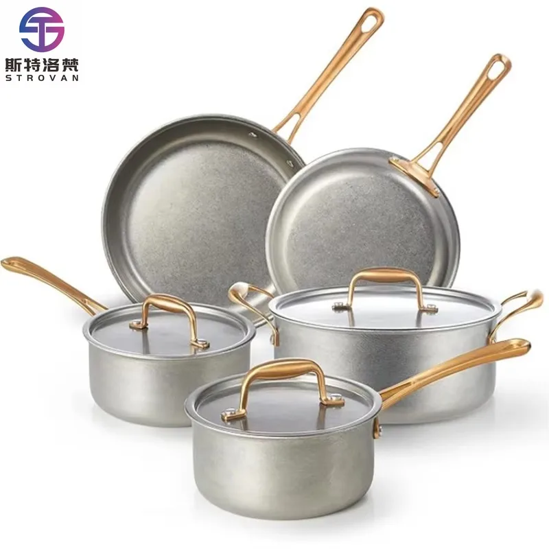 8 Pcs Vintage Stainless Steel Kitchen Cookware Sets Good Sale Induction Cooking Pots Set with Frying Pans