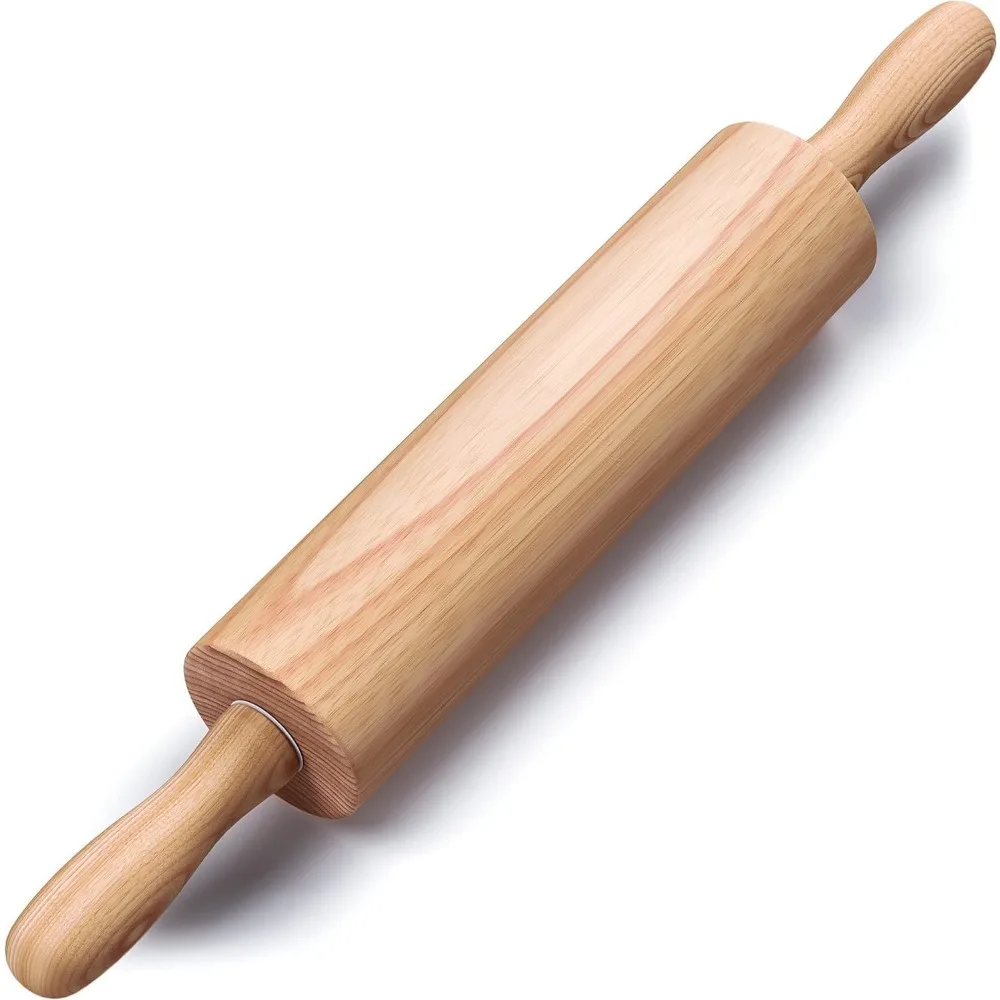 Professional 17.6 Inch Wooden Rolling Pin with Rotating Handles Ergonomic Baking Tool for Dough Pizza Pastry Bread Cookies Beechwood Pastry Roller Kitchen Utensil