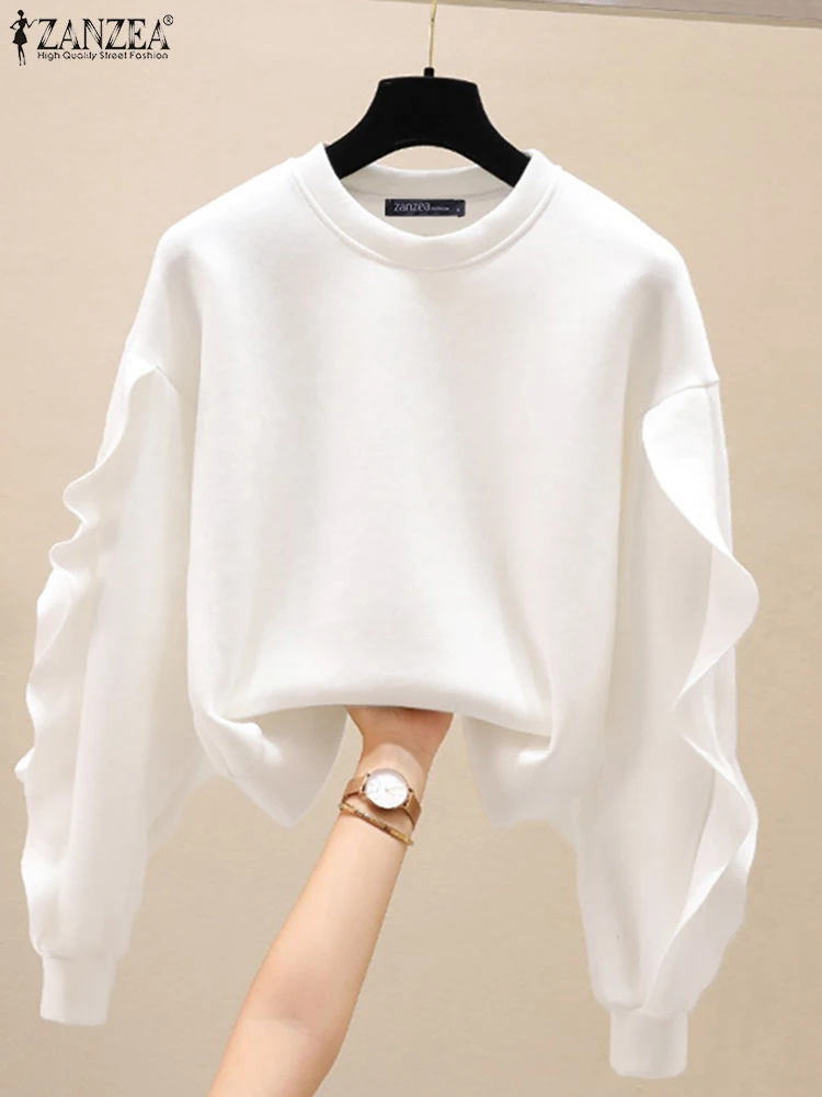 ZANZEA Women Solid Sweatshirts Fashion Ruffled Stitching Pullover Holiday Autumn Round Neck Tops 2024 Casual Loose Simple Tops