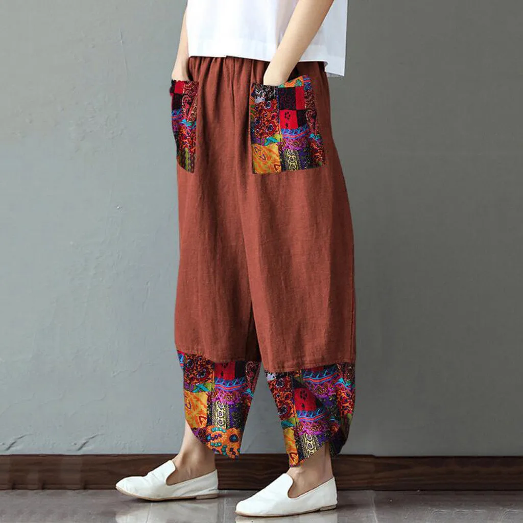 Casual Women Trousers Full Length Summer Elegant Elastic Waist Pants Bottoms Harem Pants for Daily Wear Wide Loose Print Pants