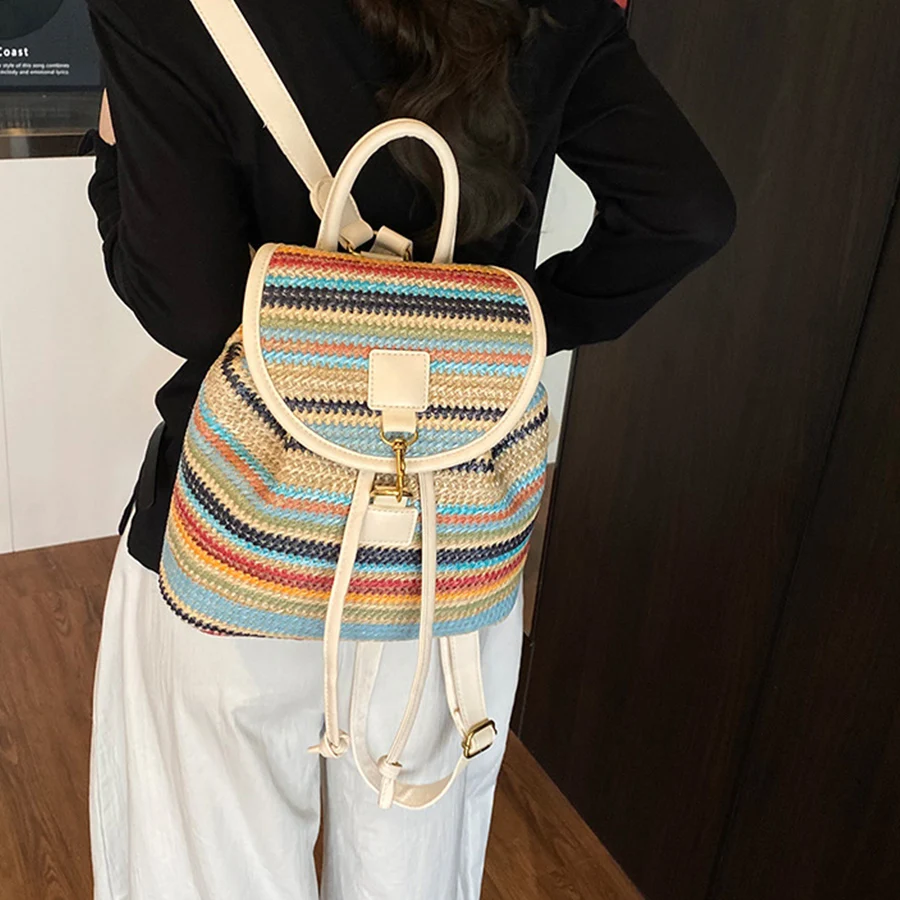 Fashion Straw Woven Women's Backpack Stylish Ethnic Style Color Stitching Flap Backpacks Female Travel Knitted Beach Bagpack Sac