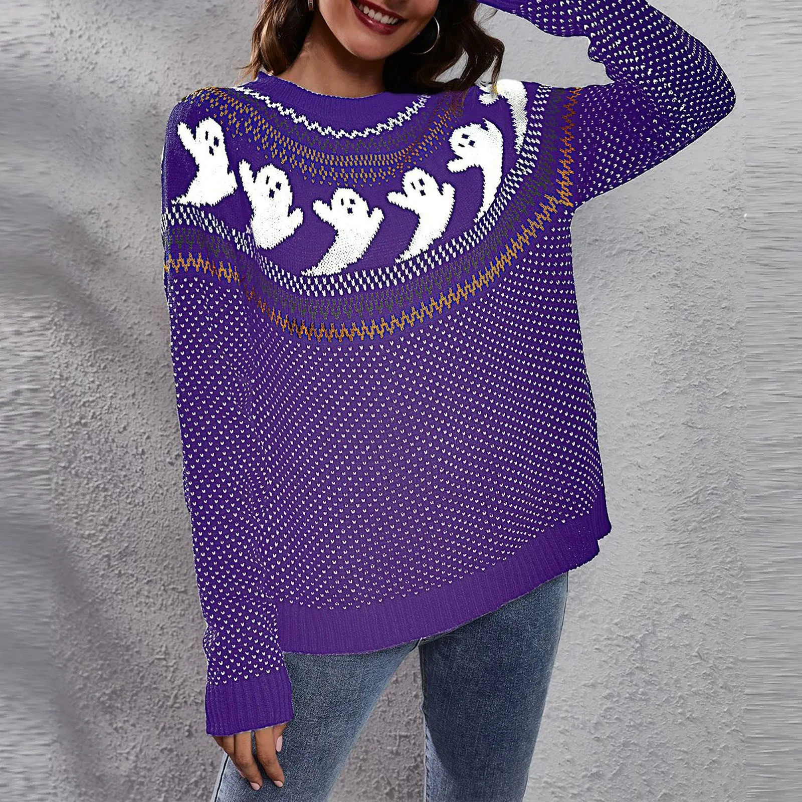 Sweater rajut Halloween wanita, Sweater rajut lucu hantu Retro Polka Dot tren mode Crewneck lengan panjang hangat nyaman