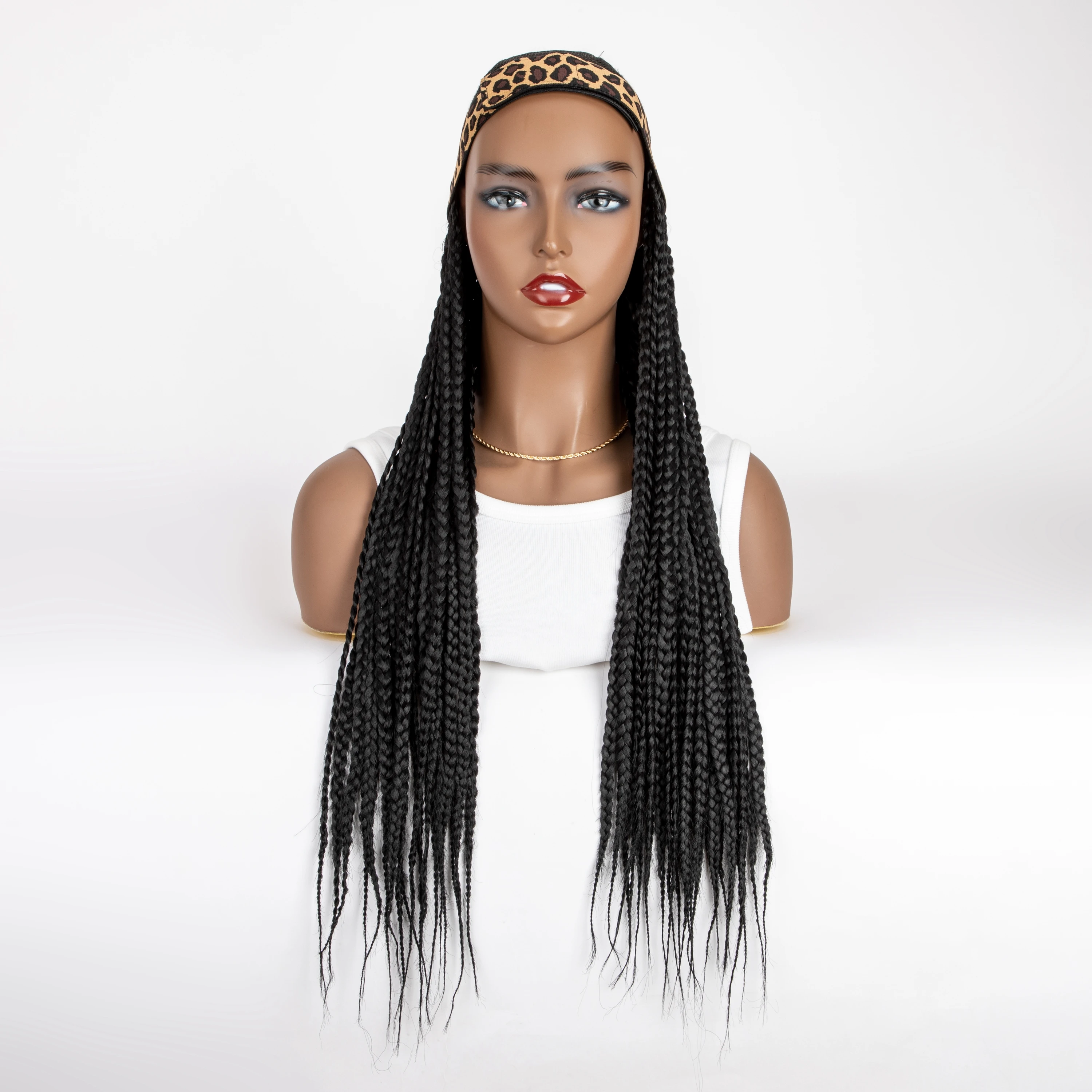 WIGERA Long Orange Headband Braided Synthetic Wig With Turban Hat Black Box Braiding Hair Extensions Head Scarf  Easy Hairstyle