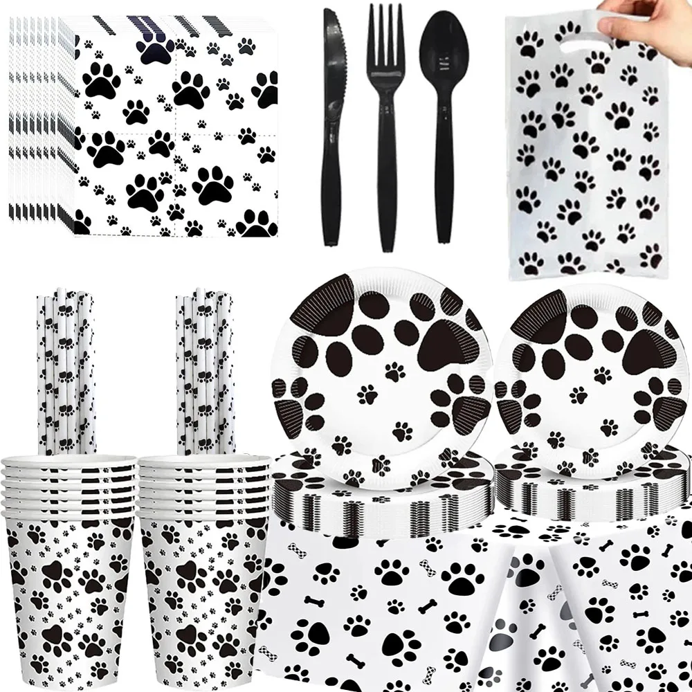 Decoración de fiesta de cumpleaños con pata de cachorro negra, vajilla, suministros para fiesta con pata de perro, pancarta de regalo, platos, globos, fiesta de cumpleaños para niños, Baby Shower