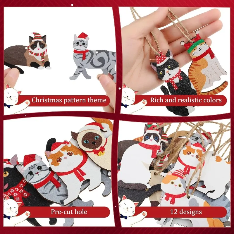 ديكور عيد الميلاد الخشبي الفاخر - مجموعة مكونة من 24 قطعة زينة كيتي رائعة مع قبعات وأوشحة احتفالية لتزيين الأشجار
